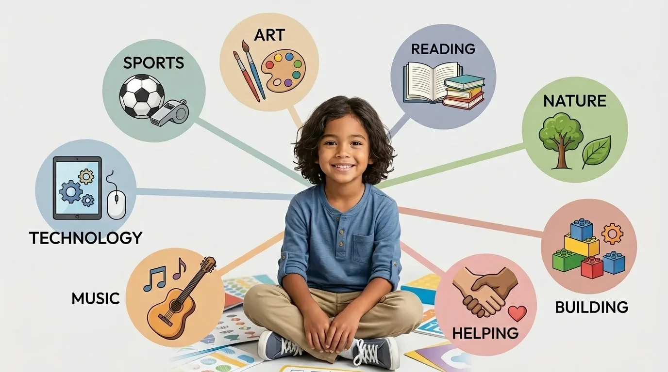 A child in the center with bubbles around them labeled "Sports", "Art", "Reading", "Nature", "Building", "Helping", "Music", and "Technology", each with a small simple icon.