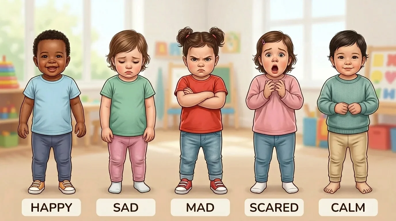 Five toddlers standing in a row with clear facial expressions labeled happy, sad, mad, scared, and calm