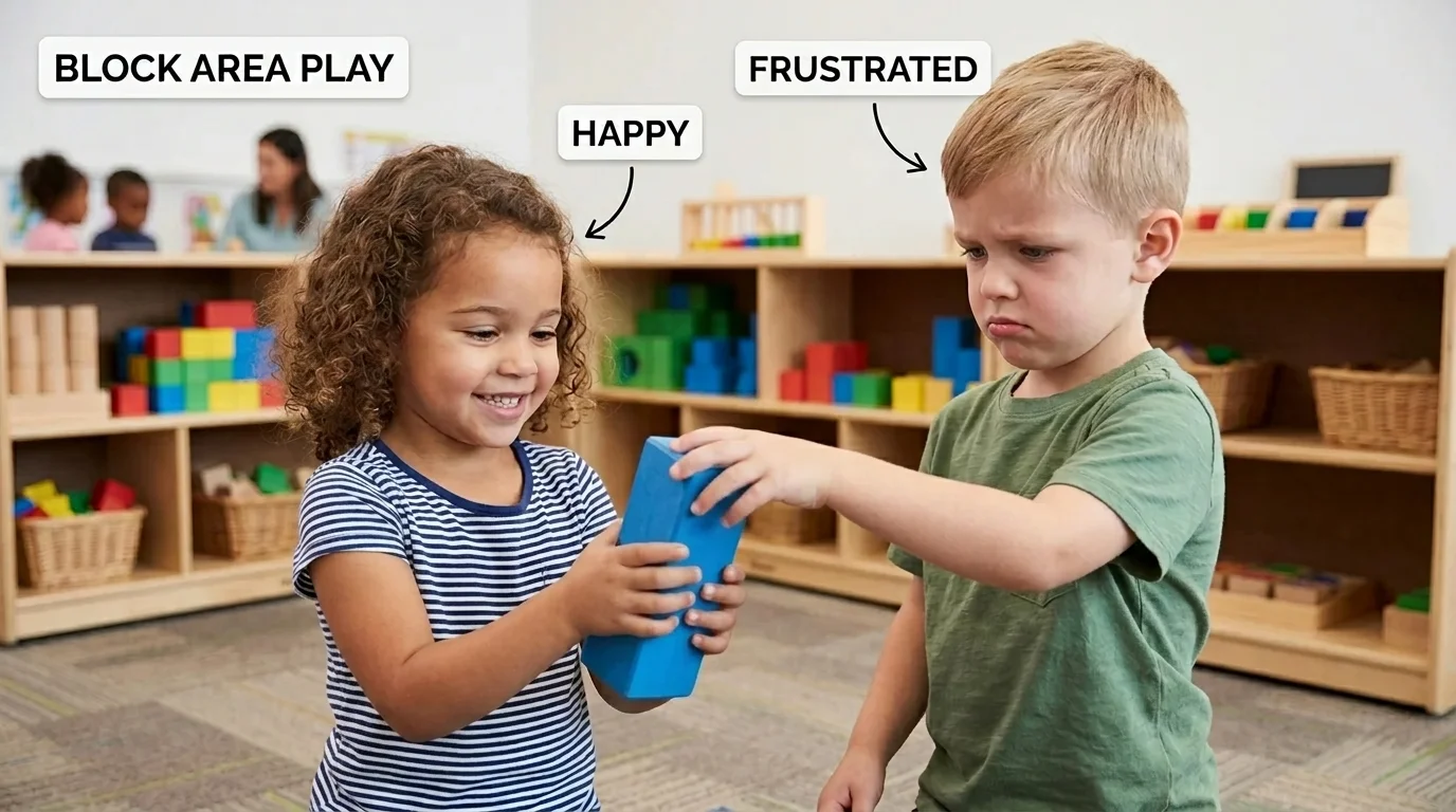 Two preschoolers at a block area, one smiling and holding a block, the other frowning and reaching toward the same block