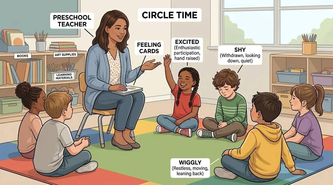 A preschool teacher at circle time with several children; one looks excited with hand raised, one shy and looking down, one wiggly and leaning back
