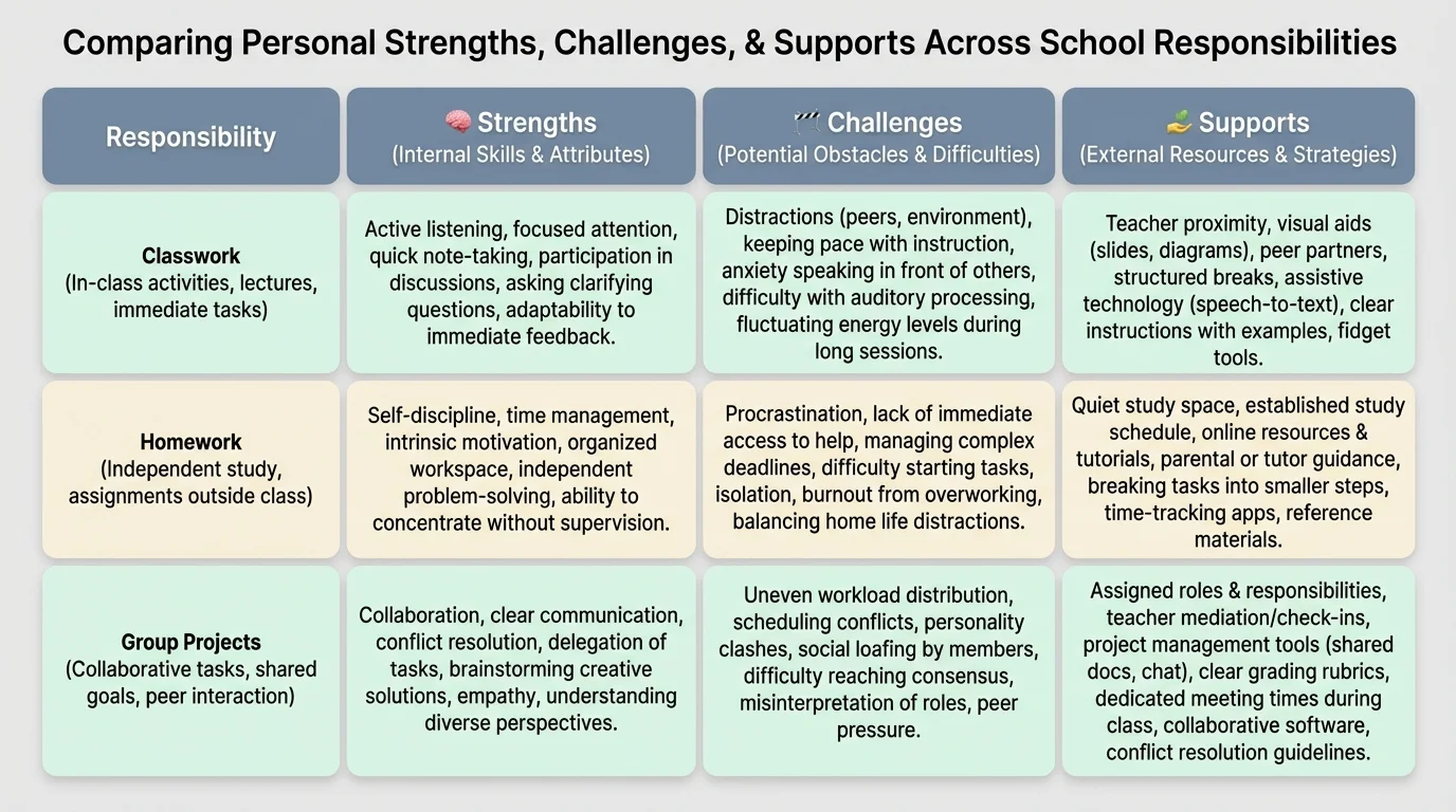 Simple 4-column chart labeled Responsibility, Strengths, Challenges, Supports with sample entries for classwork, homework, group projects, similar to Table 1