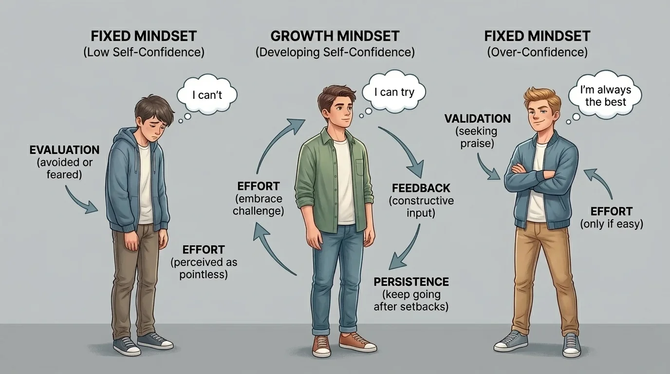 Three cartoon students side by side: one shy and slouched thinking "I can't", one relaxed and calm thinking "I can try", one smug with arms crossed thinking "I'm always the best".