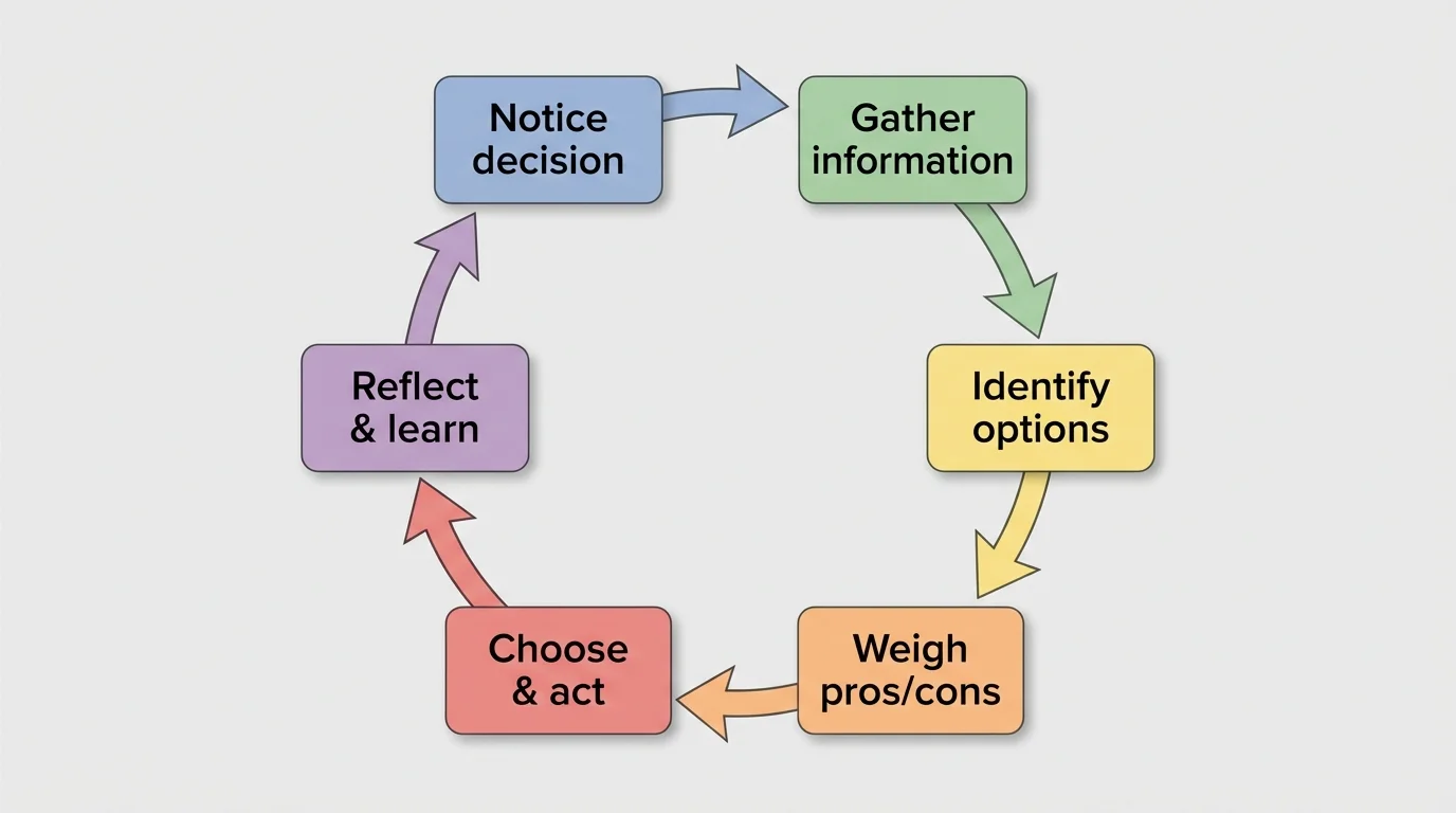Flowchart of a basic decision-making cycle with boxes labeled Notice decision, Gather information, Identify options, Weigh pros/cons, Choose & act, Reflect & learn, connected in a loop with arrows.