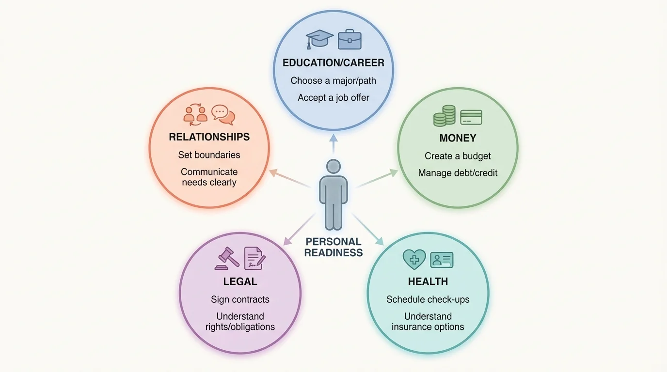 Illustration of a person icon in the center with five surrounding circles labeled Education/Career, Money, Health, Legal, Relationships, each with 1–2 short example decision phrases inside.