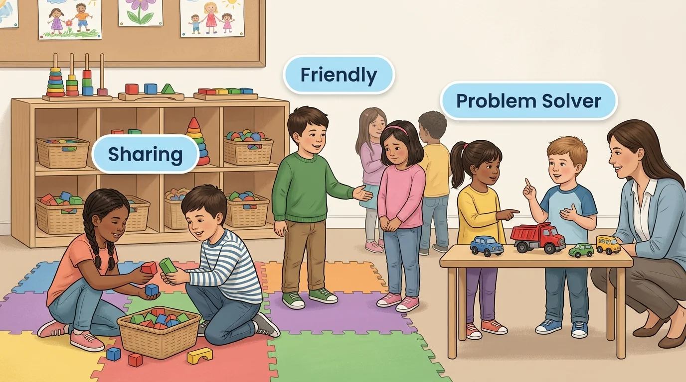 A classroom play area with children sharing blocks, one child inviting a shy child to join, and two children solving a disagreement over a toy with a teacher nearby. Labels like "Sharing", "Friendly", "Problem Solver" float near the children.