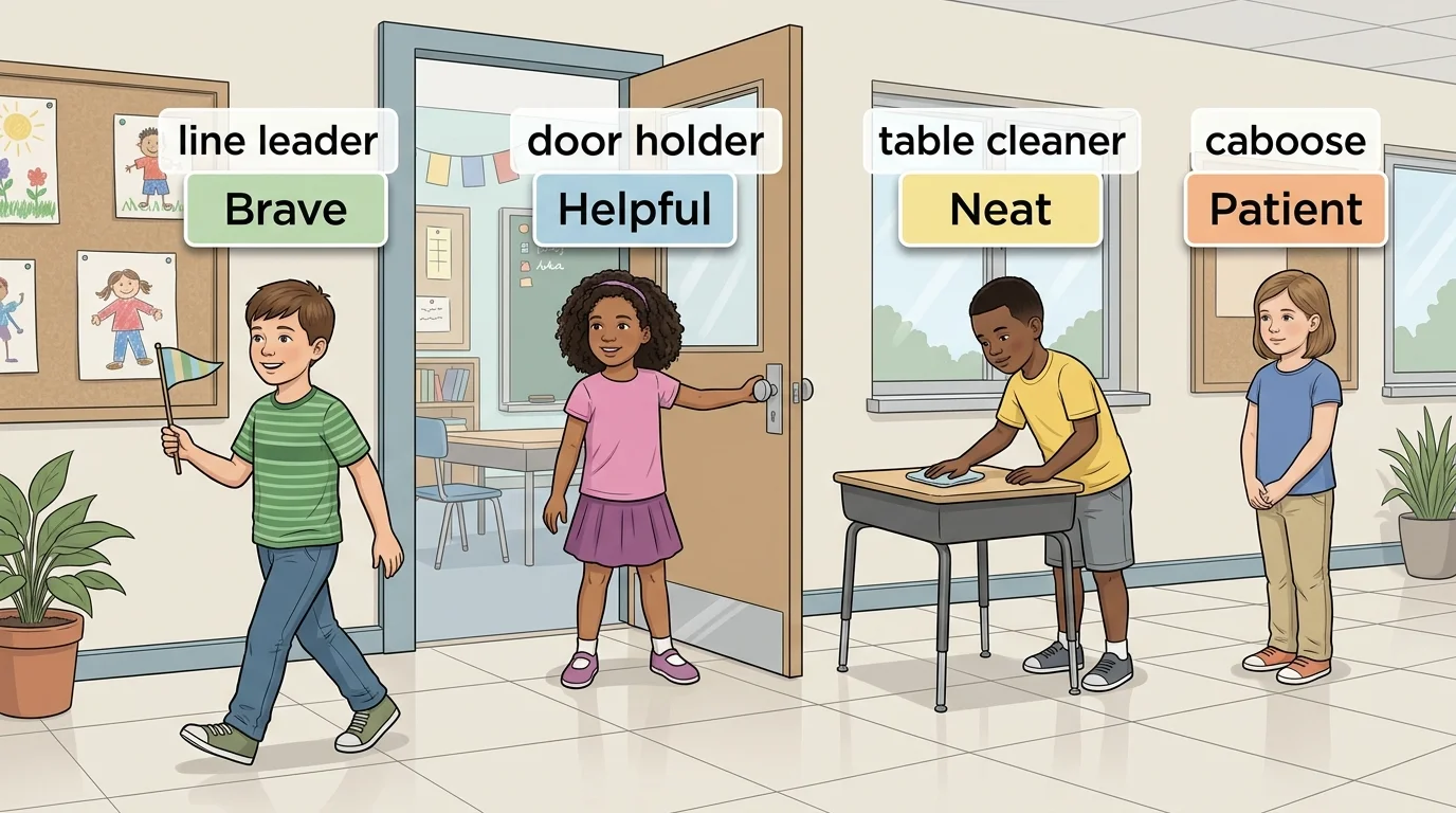 A classroom hallway scene with four children doing jobs: line leader at front, door holder by the door, table cleaner wiping a table, caboose at the end of the line. Each child has a simple label near them like "Brave", "Helpful", "Neat", "Patient".