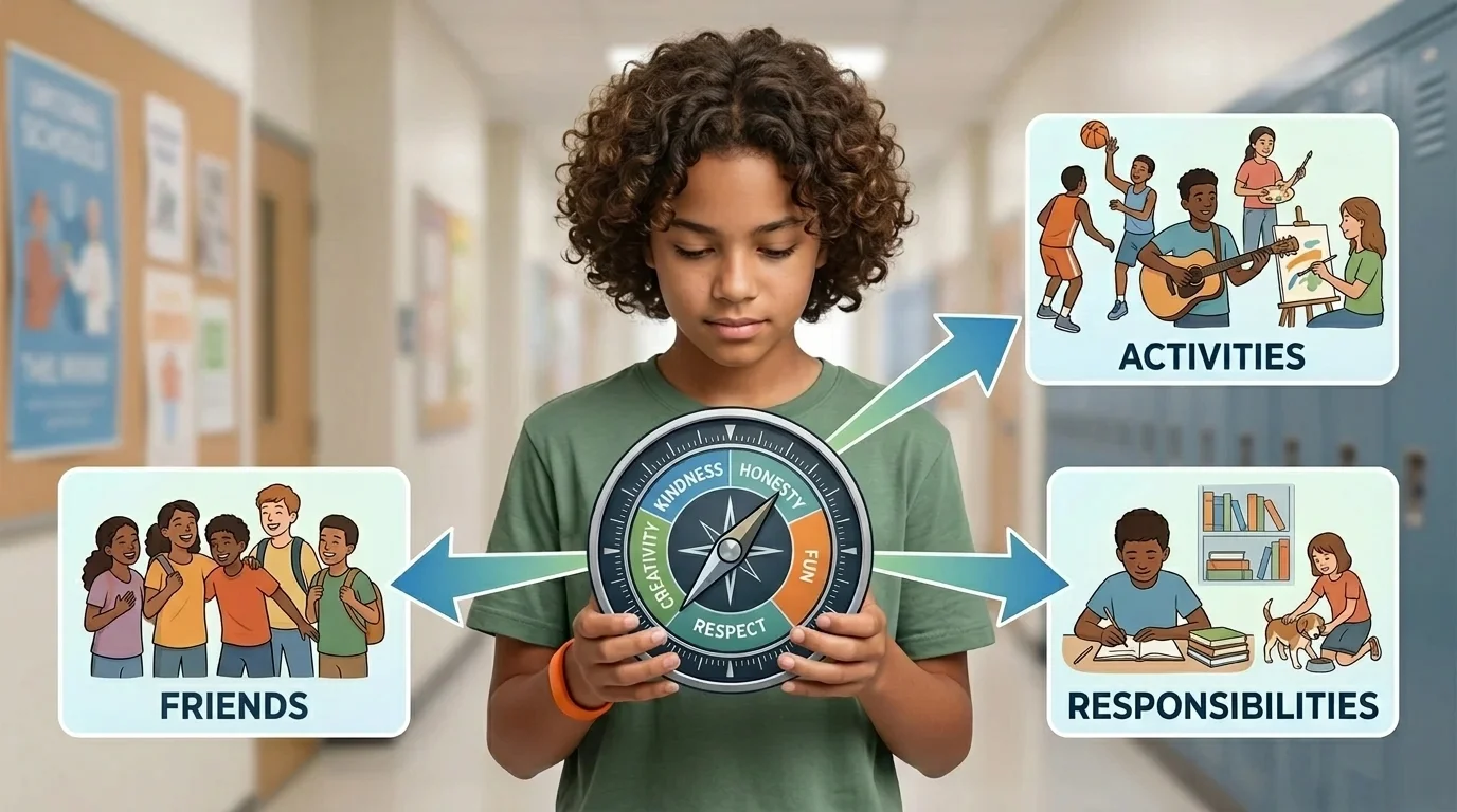 A middle-school student holding a compass labeled with different values (kindness, honesty, fun, respect, creativity), with arrows pointing toward choices labeled friends, activities, responsibilities