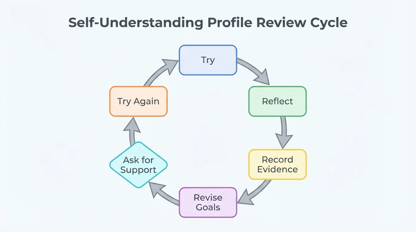 flowchart showing review cycle try, reflect, record evidence, revise goals, ask for support, try again