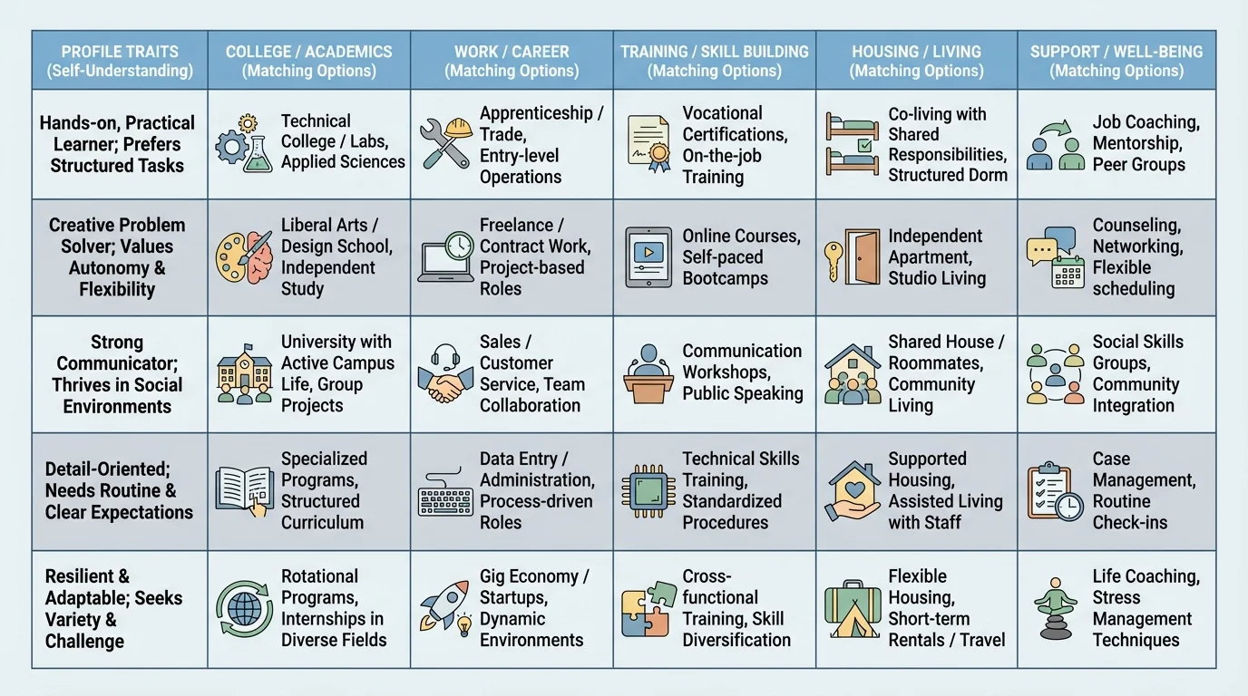 chart comparing example profile traits with matching options in college, work, training, housing, and support choices
