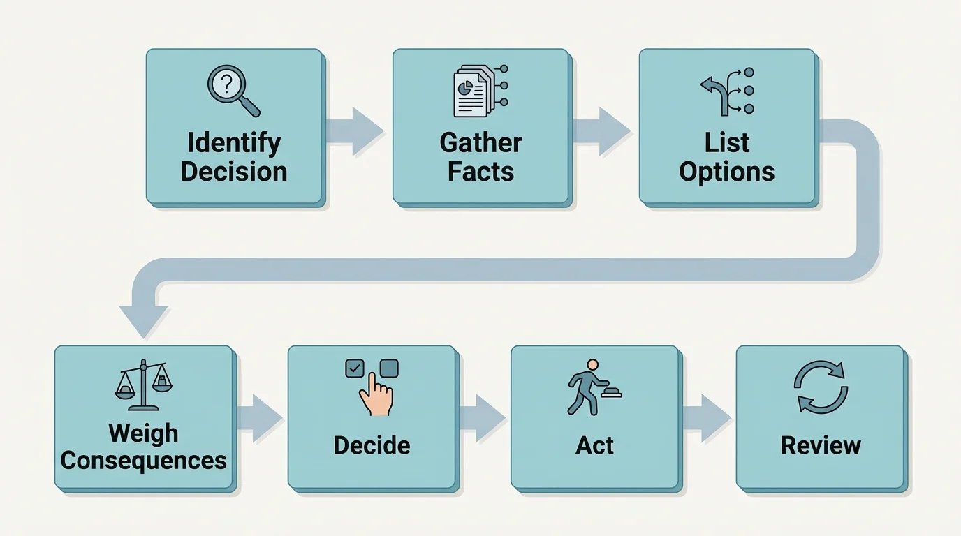 Decision-making process with steps identify decision, gather facts, list options, weigh consequences, decide, act, and review