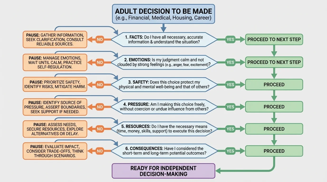 Personal readiness check before making an adult decision, with yes/no branches for facts, emotions, safety, pressure, resources, and consequences