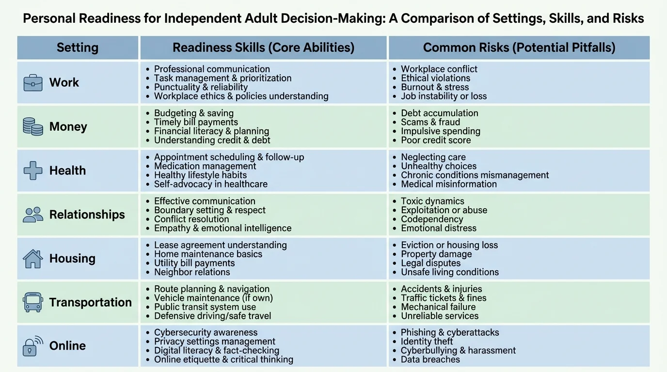 Comparison chart of work, money, health, relationships, housing, transportation, and online settings with readiness skills and common risks