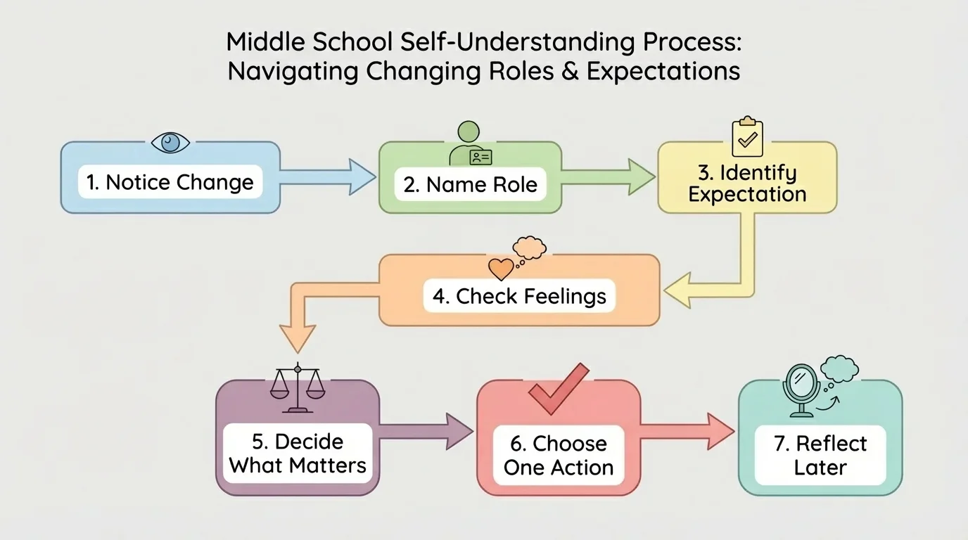 Flowchart showing steps: notice change, name role, identify expectation, check feelings, decide what matters, choose one action, reflect later