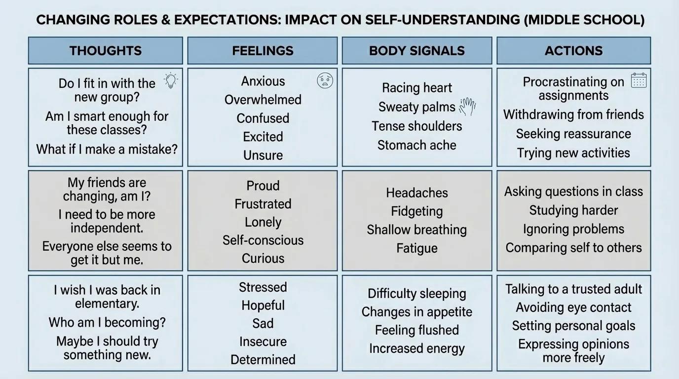 Chart with four columns labeled thoughts, feelings, body signals, and actions, each with simple examples related to changing expectations