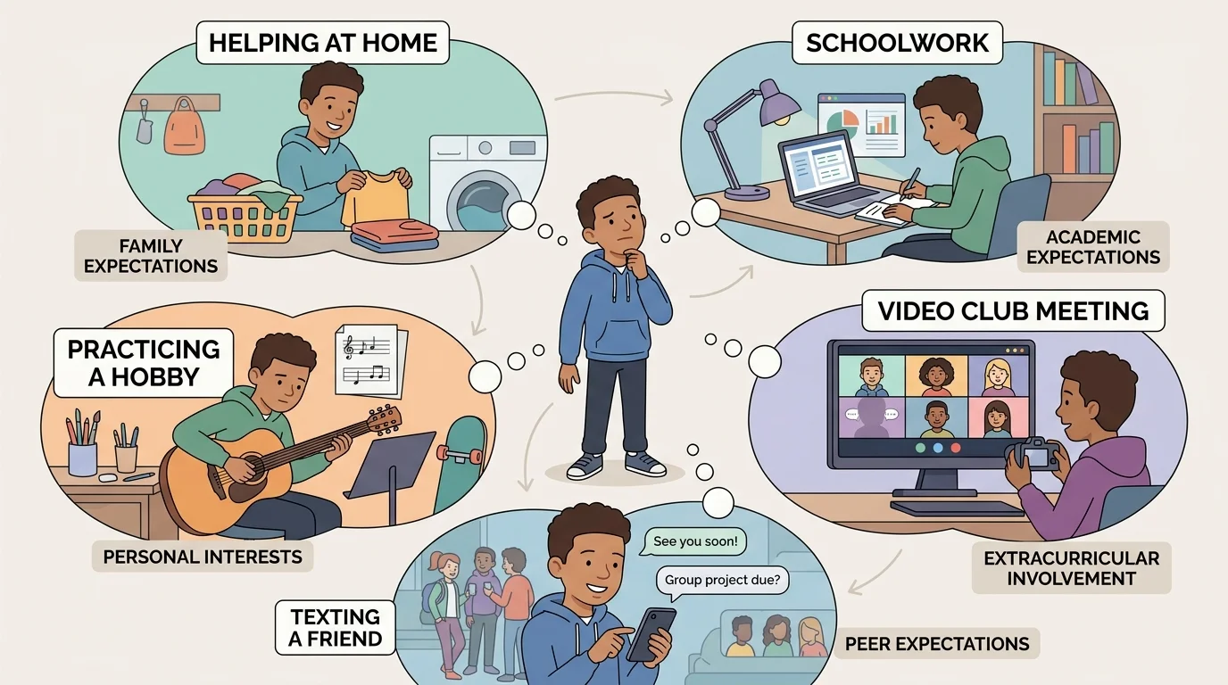 Illustration of a middle school student in different role bubbles: helping at home, joining a video club meeting, texting a friend, practicing a hobby, and doing schoolwork at a laptop
