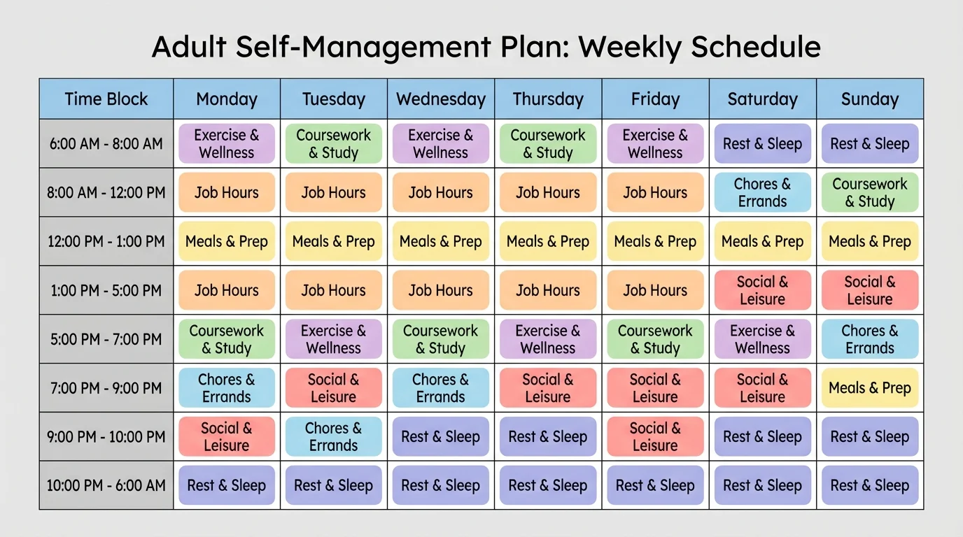 chart of a weekly planner with blocks for coursework, chores, exercise, meals, job hours, rest, and social time