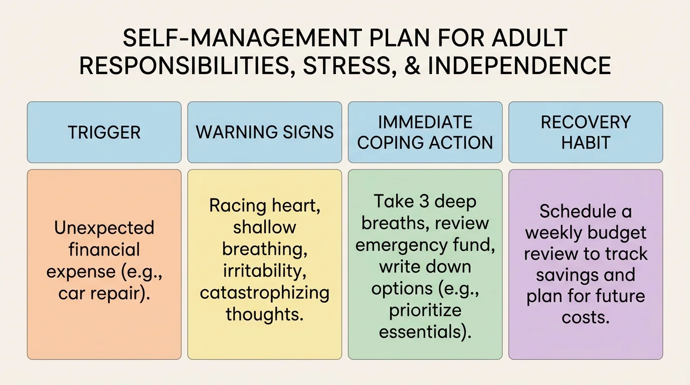 chart showing four columns labeled trigger, warning signs, immediate coping action, and recovery habit with one filled example