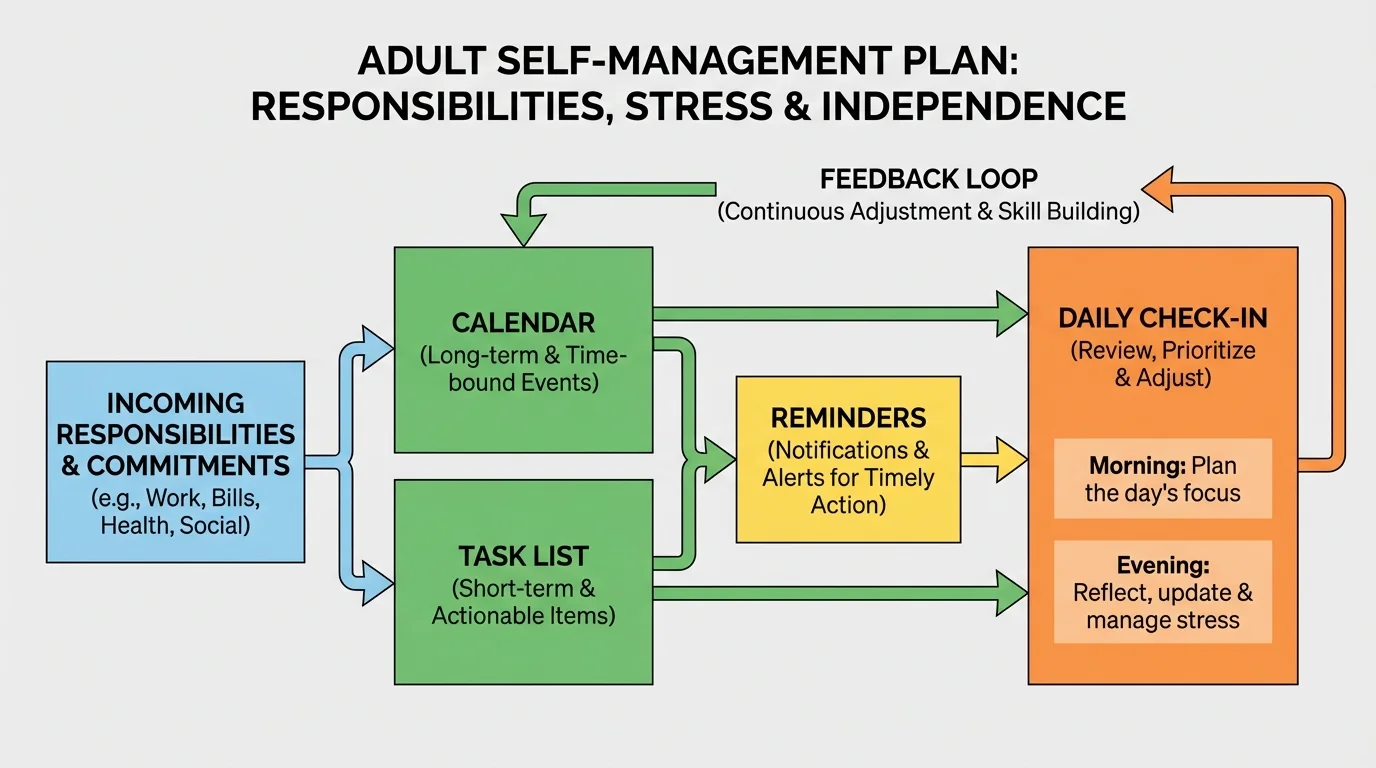 flowchart of a self-management system with boxes for calendar, task list, reminders, and daily check-in connected by arrows