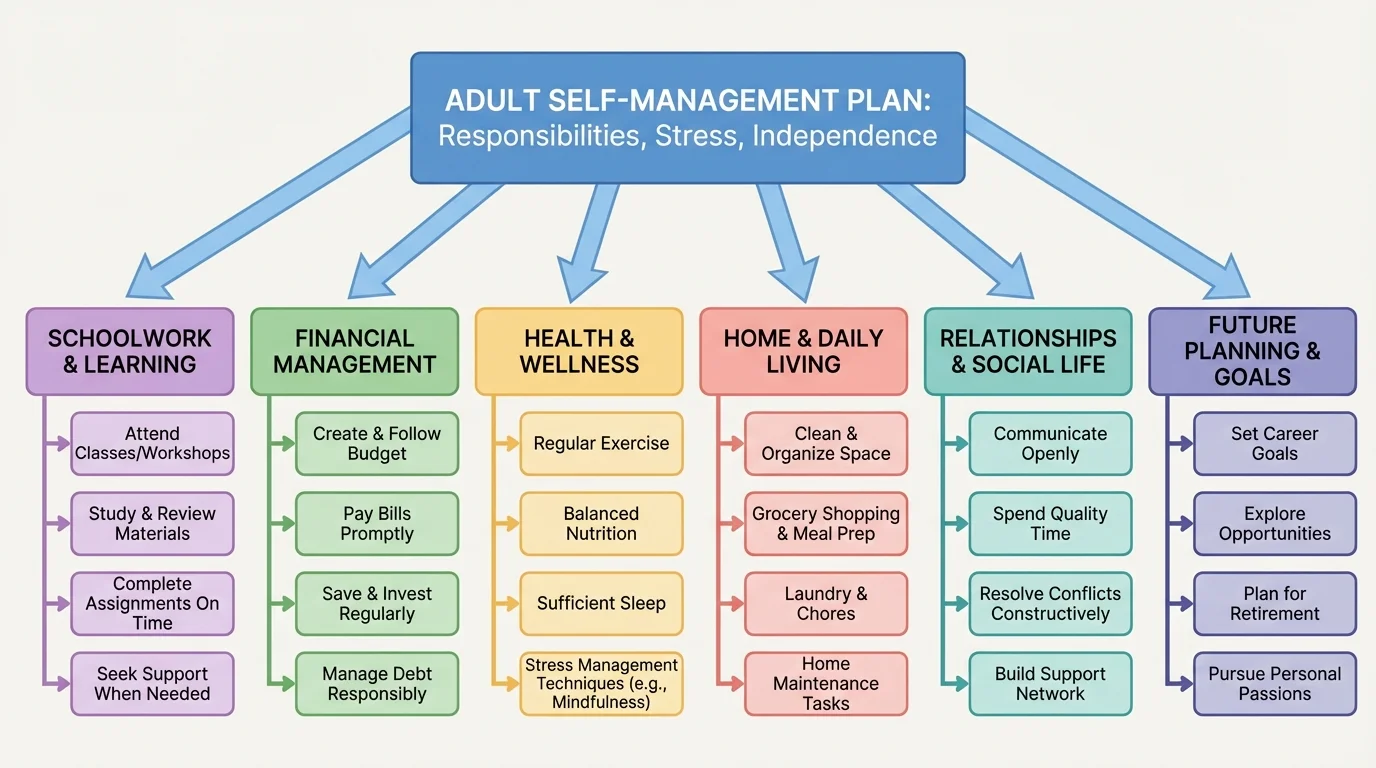flowchart showing categories of adult responsibilities such as schoolwork, money, health, home tasks, relationships, and future planning, each branching into example tasks