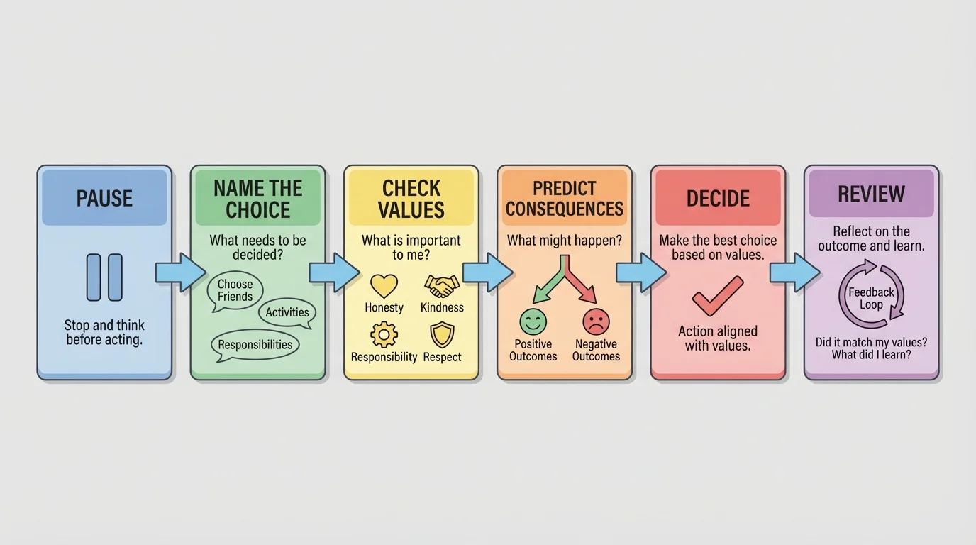 flowchart with steps pause, name the choice, check values, predict consequences, decide, review