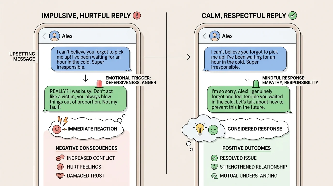 Illustration of split-screen phone messages showing one impulsive hurtful reply and one calm respectful reply to the same upsetting text