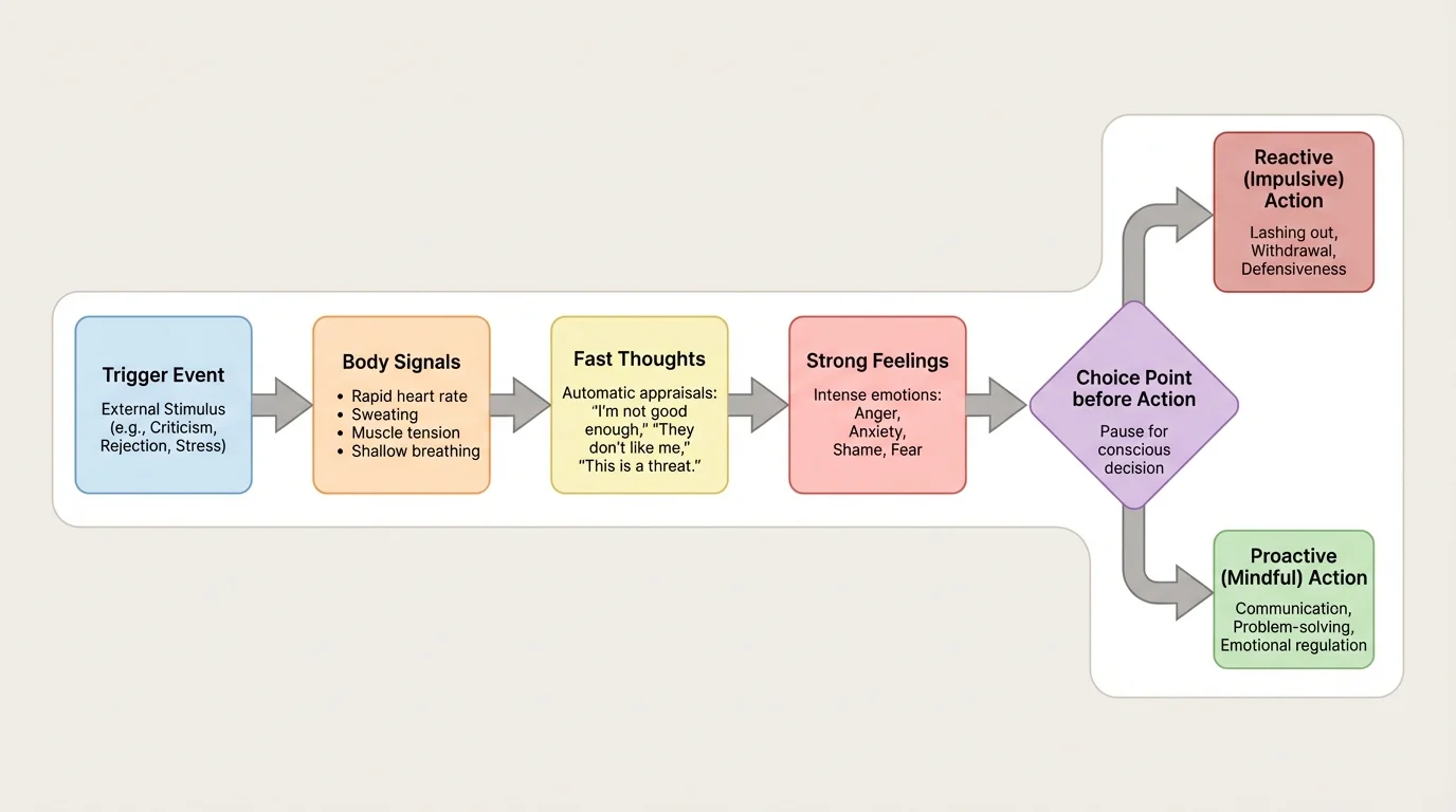 Flowchart showing trigger event, body signals, fast thoughts, strong feelings, and choice point before action