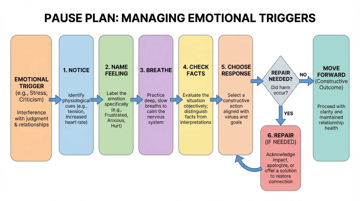 Flowchart of pause plan with steps notice, name feeling, breathe, check facts, choose response, repair if needed