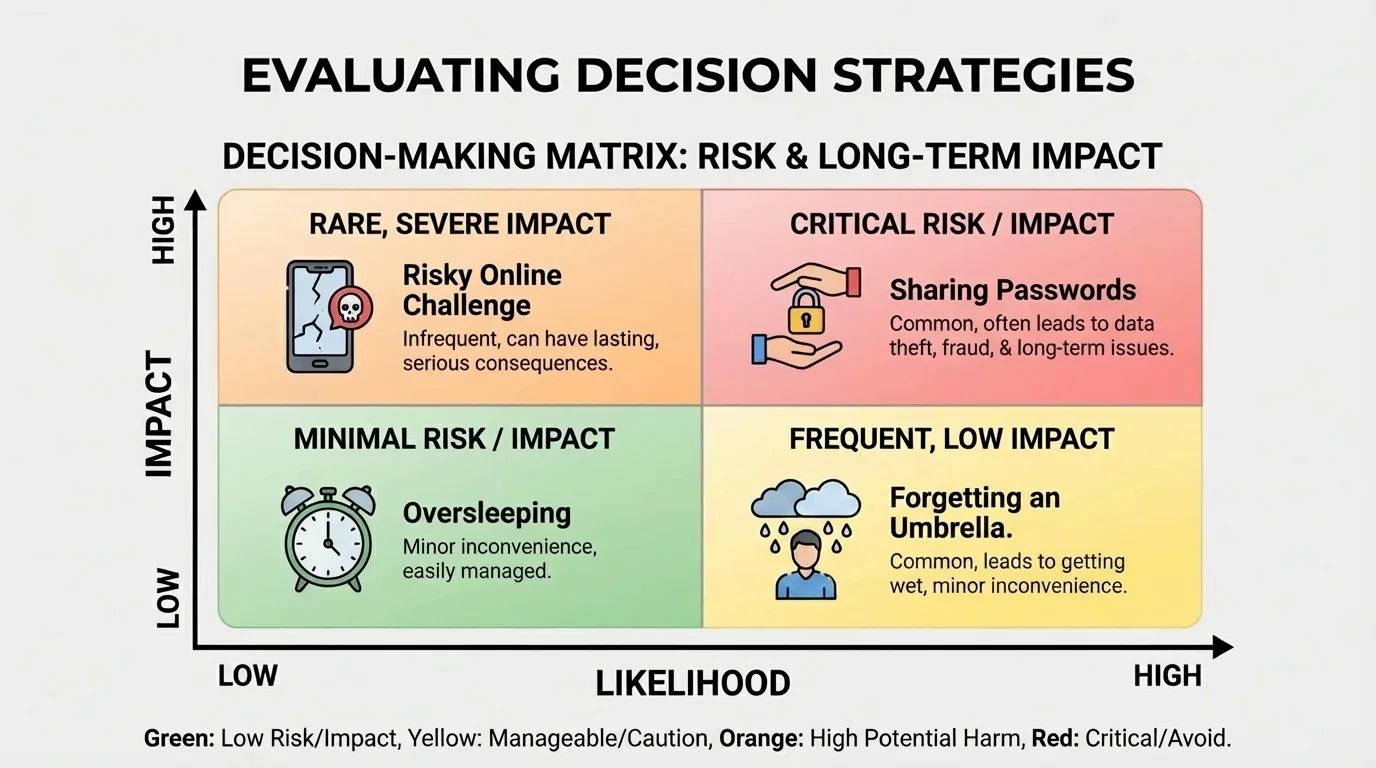 chart with low and high likelihood on one axis and low and high impact on the other, with examples like oversleeping, sharing passwords, biking without a helmet, and risky online challenge