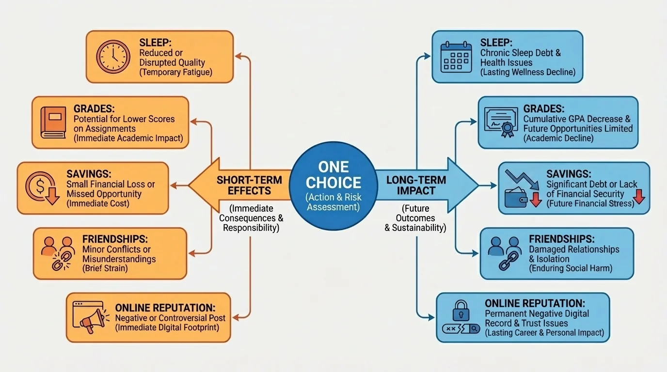 illustration of one choice in the center branching into short-term and long-term effects on sleep, grades, savings, friendships, and online reputation
