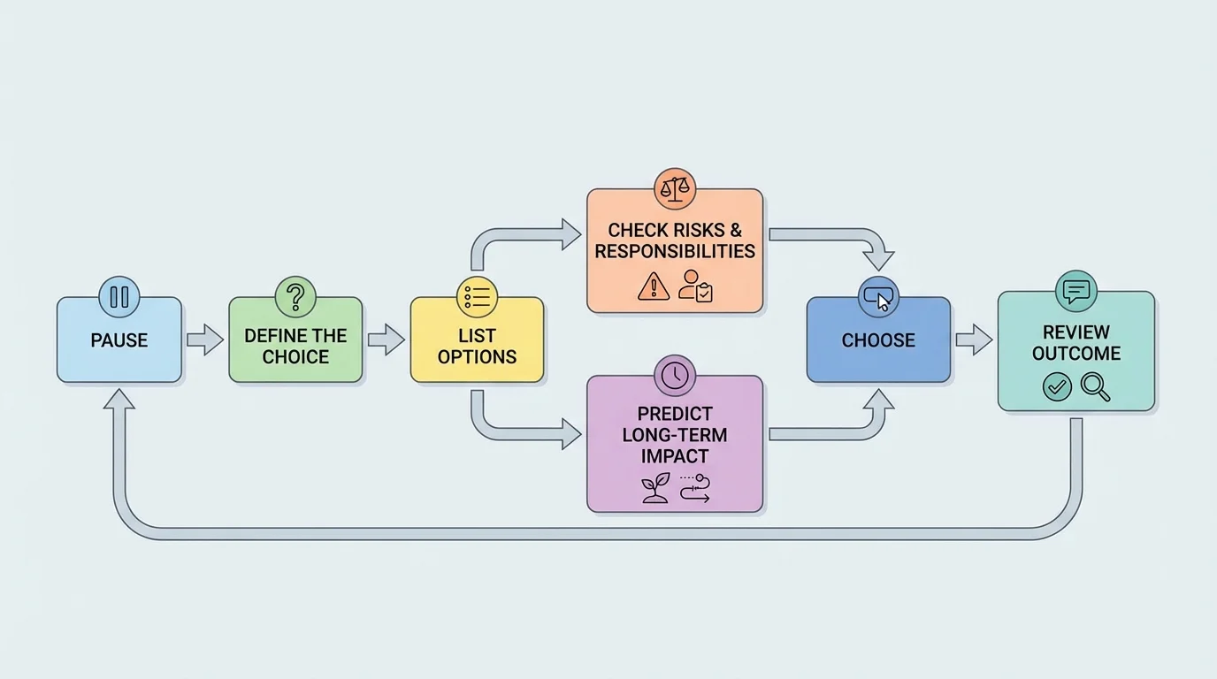 flowchart showing decision steps pause, define the choice, list options, check risks and responsibilities, predict long-term impact, choose, review outcome