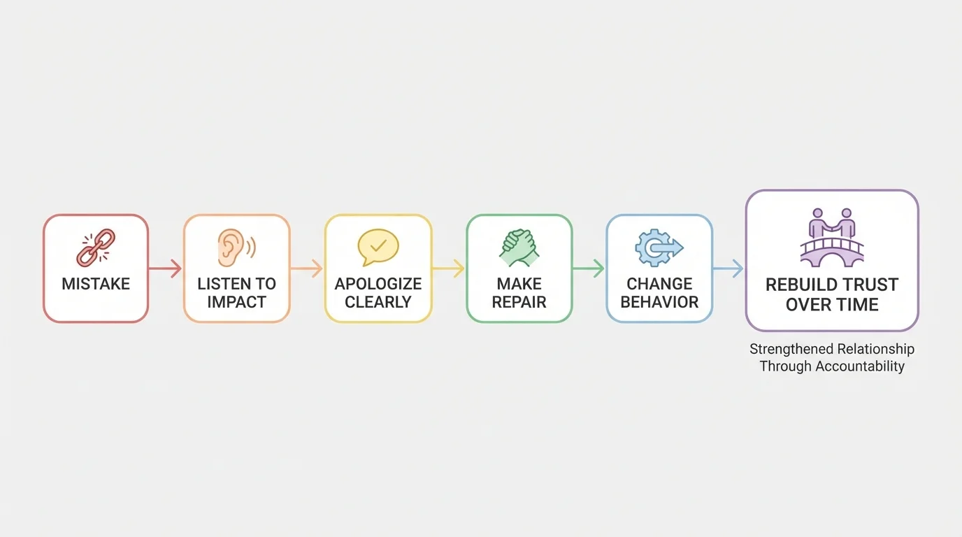 Flowchart showing mistake, listen to impact, apologize clearly, make repair, change behavior, and rebuild trust over time