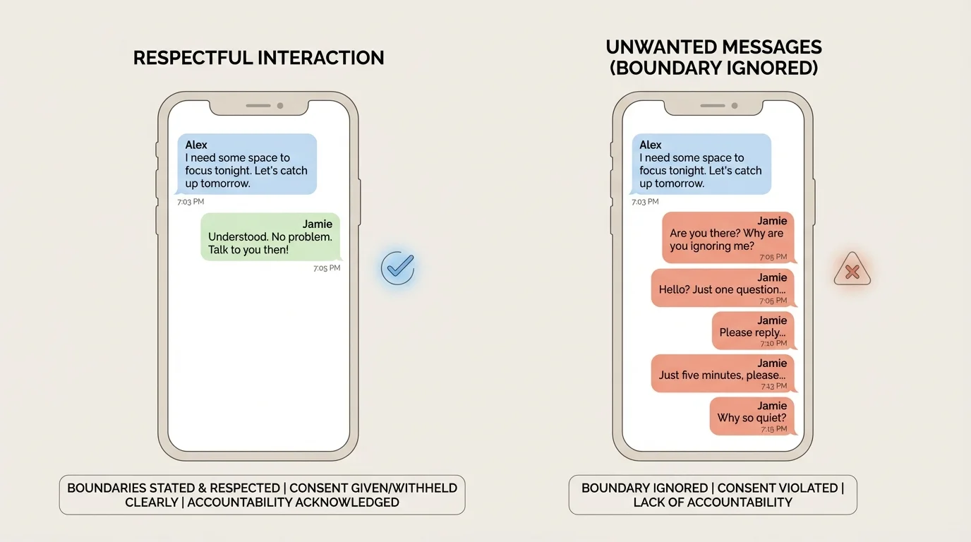 Two phone chat scenes side by side, one showing respectful texting after a clear boundary is stated and one showing repeated unwanted messages after a boundary is ignored