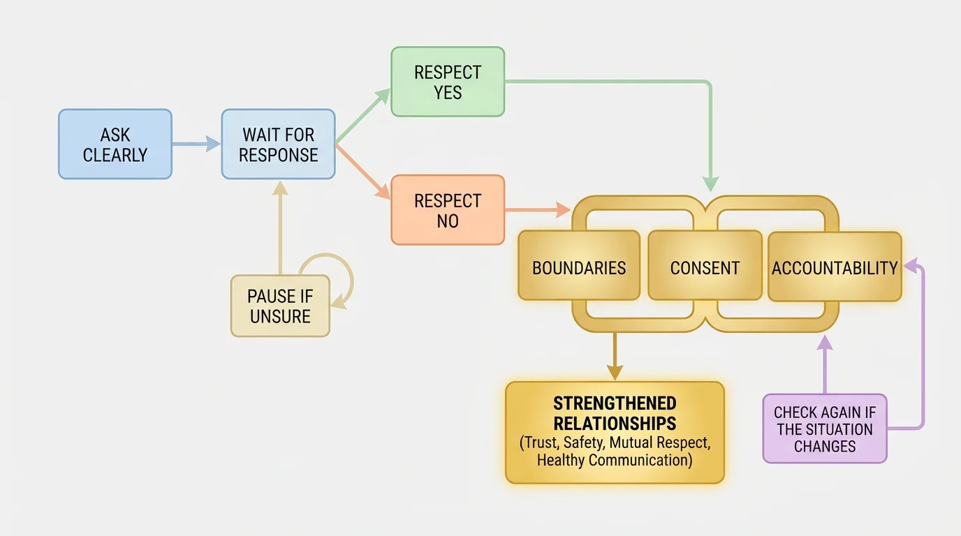 Flowchart with boxes labeled ask clearly, wait for response, respect yes, respect no, pause if unsure, and check again if the situation changes
