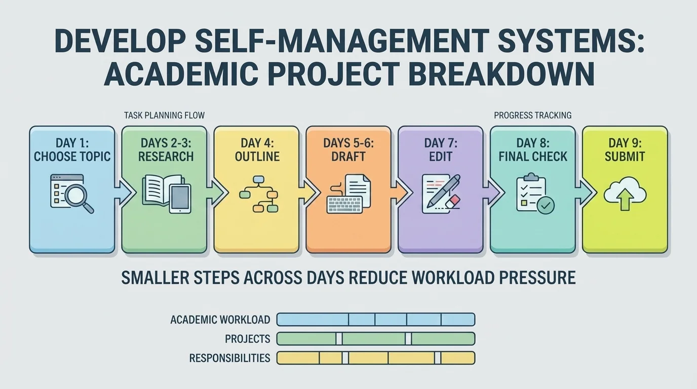 project broken into smaller steps across days: choose topic, research, outline, draft, edit, final check, submit