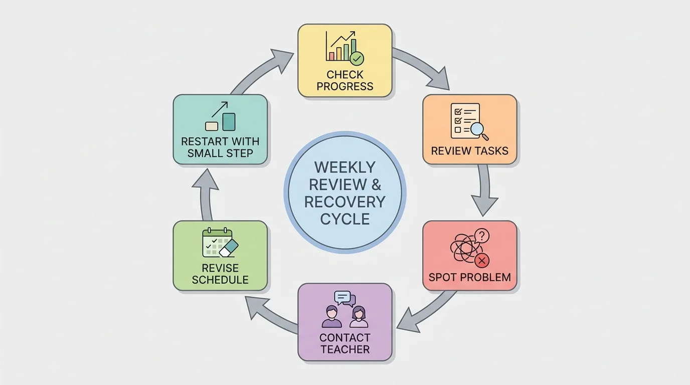 weekly review and recovery cycle with steps review tasks, spot problem, contact teacher, revise schedule, restart with small step, check progress
