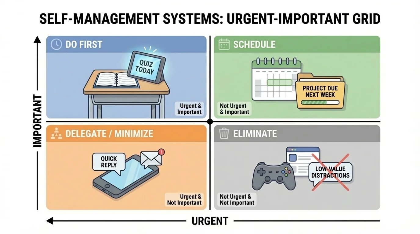 urgent-important four-quadrant grid with student examples such as quiz today, project due next week, quick reply, and low-value distractions