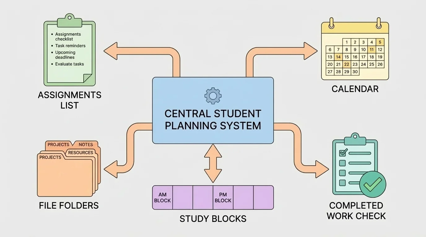 one central student planning system connecting assignments list, calendar, study blocks, file folders, and completed work check