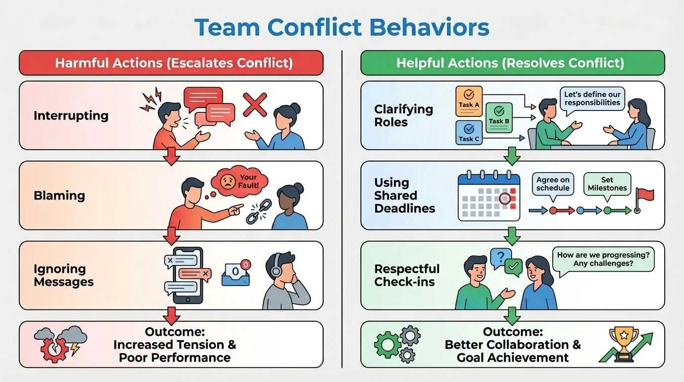 Chart comparing team conflict behaviors such as interrupting, blaming, ignoring messages versus clarifying roles, using shared deadlines, and respectful check-ins