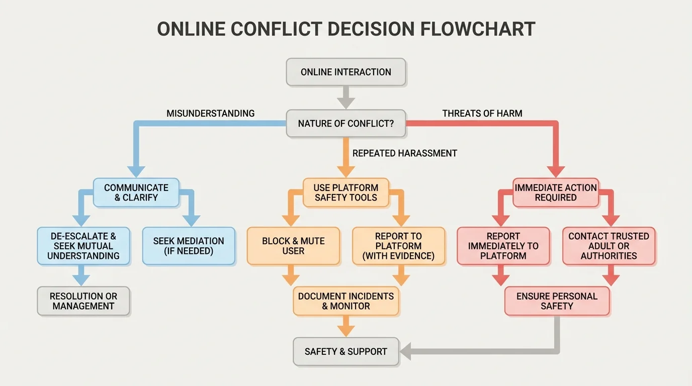Flowchart for online conflict decisions based on misunderstanding, repeated harassment, threats, and platform safety tools