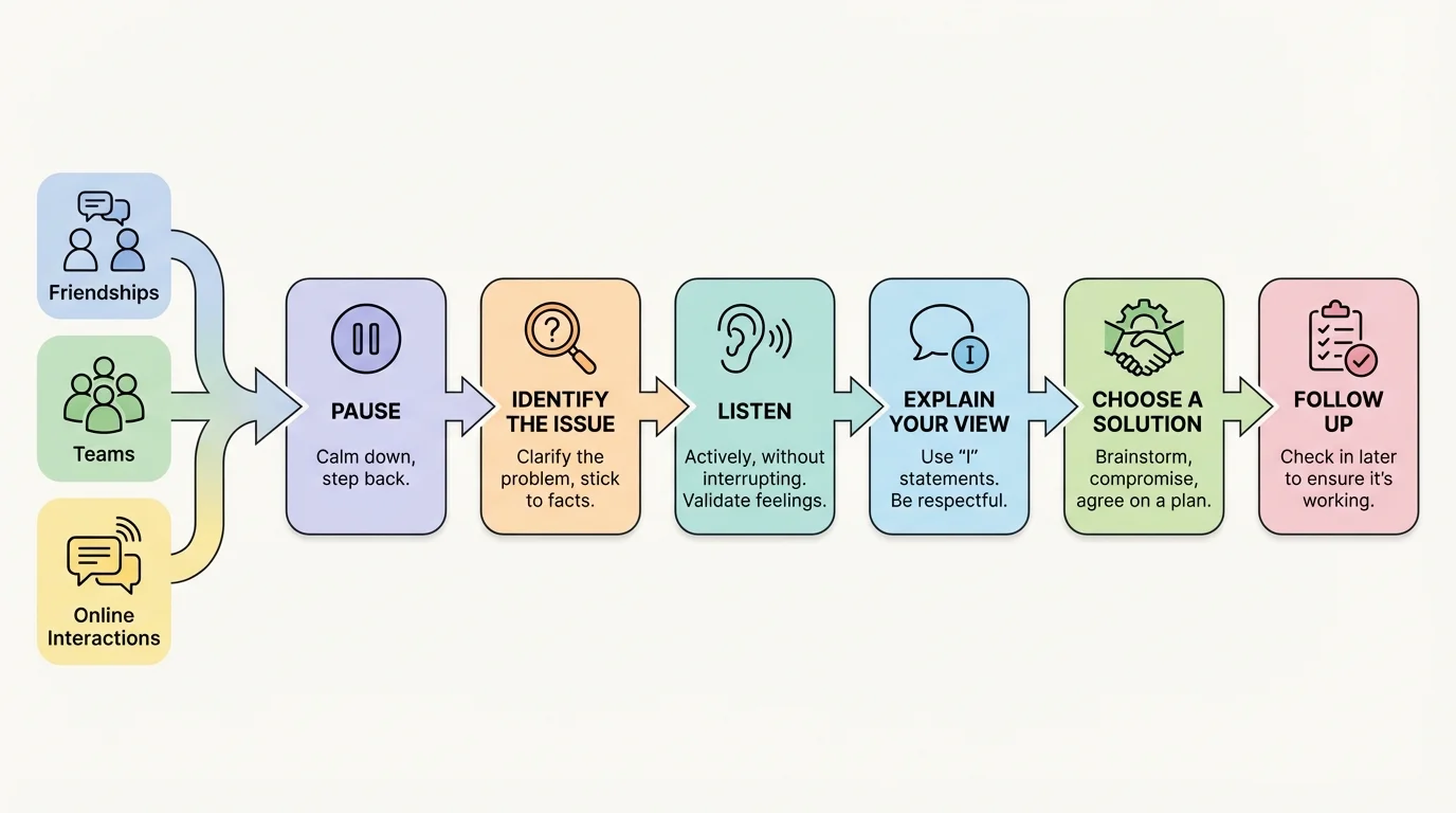 Flowchart showing conflict-resolution steps: pause, identify the issue, listen, explain your view, choose a solution, follow up