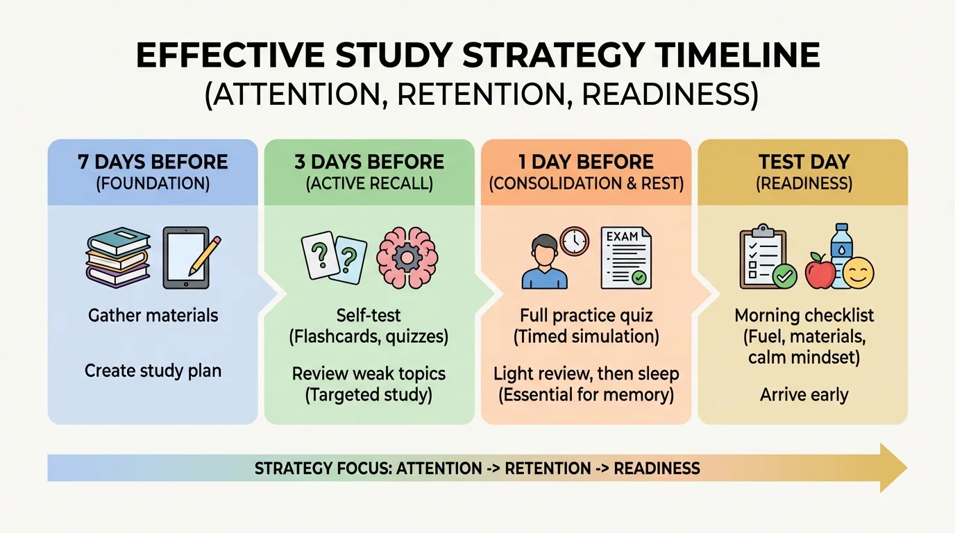 Timeline from 7 days before an exam to test day, labeled with tasks such as gather materials, self-test, review weak topics, full practice quiz, sleep, and morning checklist