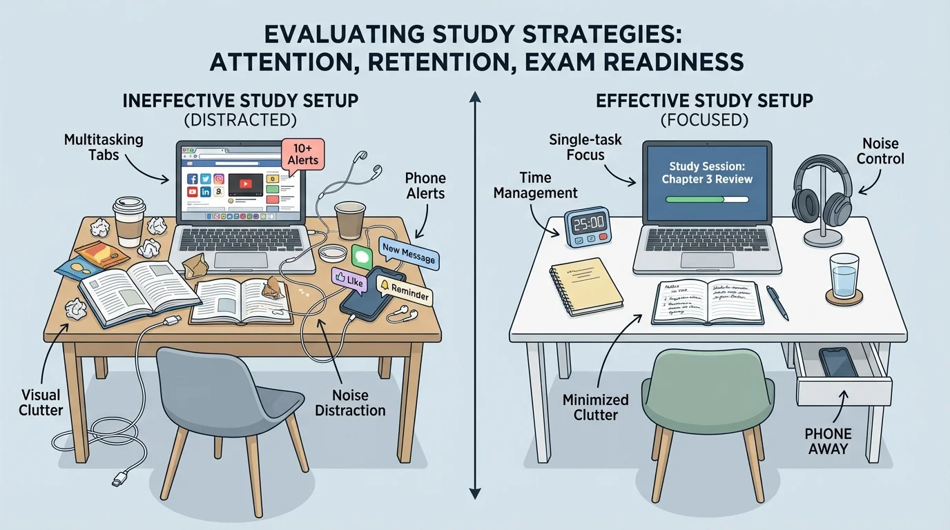 Side-by-side home study setups, one with clutter, phone alerts, many tabs, and distractions, the other with a clean desk, one laptop task, headphones, timer, notebook, and phone placed away