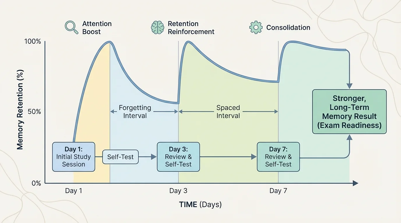 Flowchart of retention over time with Day 1 study, self-test, Day 3 review, self-test, Day 7 review, and stronger memory result at the end