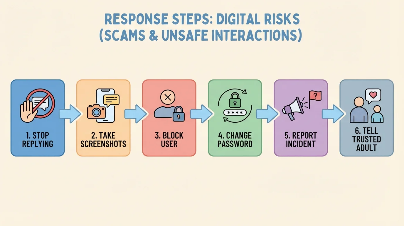 Flowchart showing response steps after a scam or unsafe interaction: stop replying, take screenshots, block, change password, report, tell trusted adult