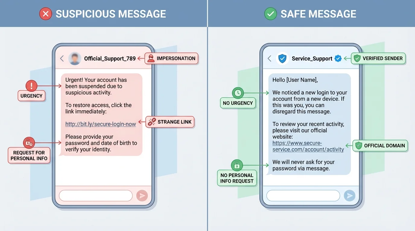 Side-by-side illustration of a suspicious direct message and a safer verified message, with labels for urgency, strange link, request for personal info, and impersonation
