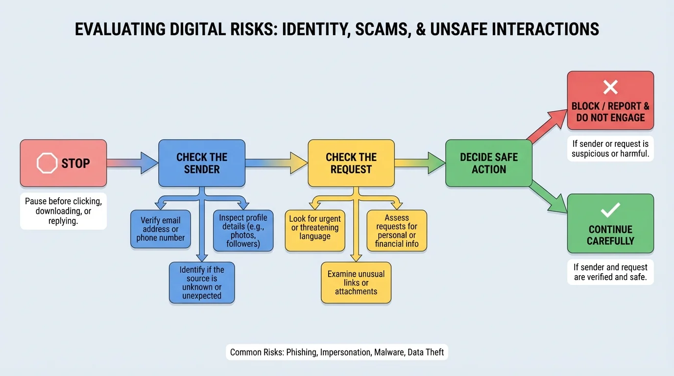 Flowchart with four steps: Stop, Check the sender, Check the request, Decide safe action, with branches for block/report or continue carefully