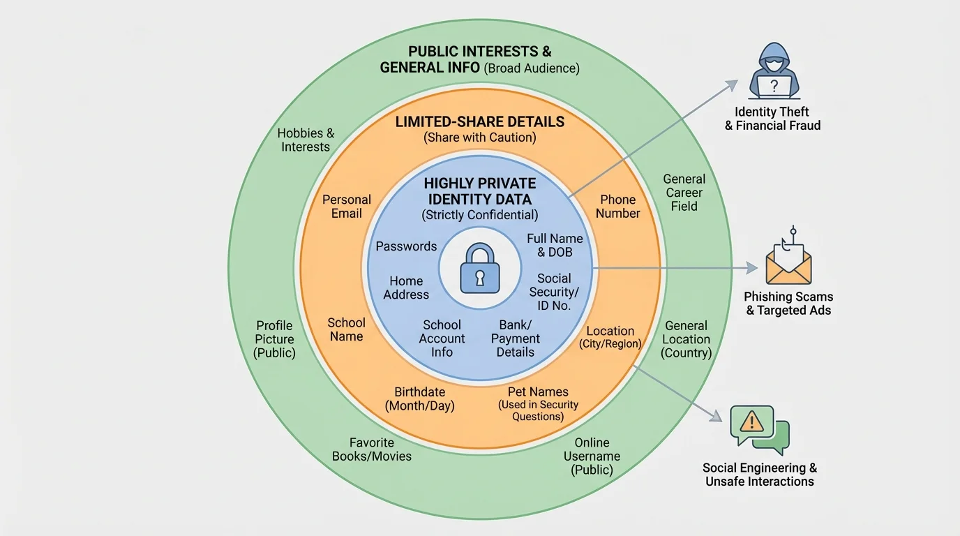 Concentric-circle diagram showing types of personal information: public interests, limited-share details, and highly private identity data like full name, address, passwords, and school account info