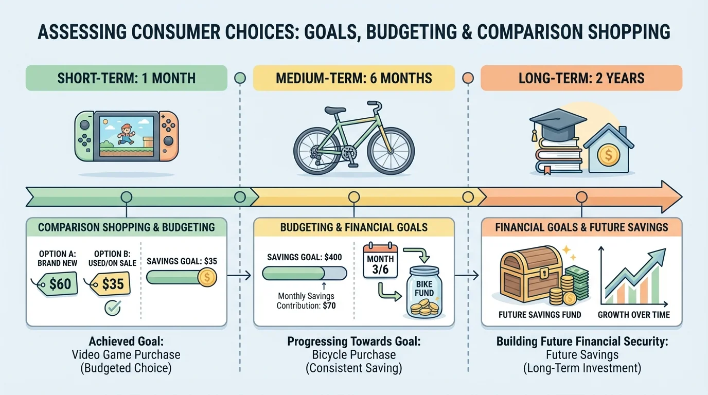 timeline showing goals over 1 month, 6 months, and 2 years such as game purchase, bike, and future savings