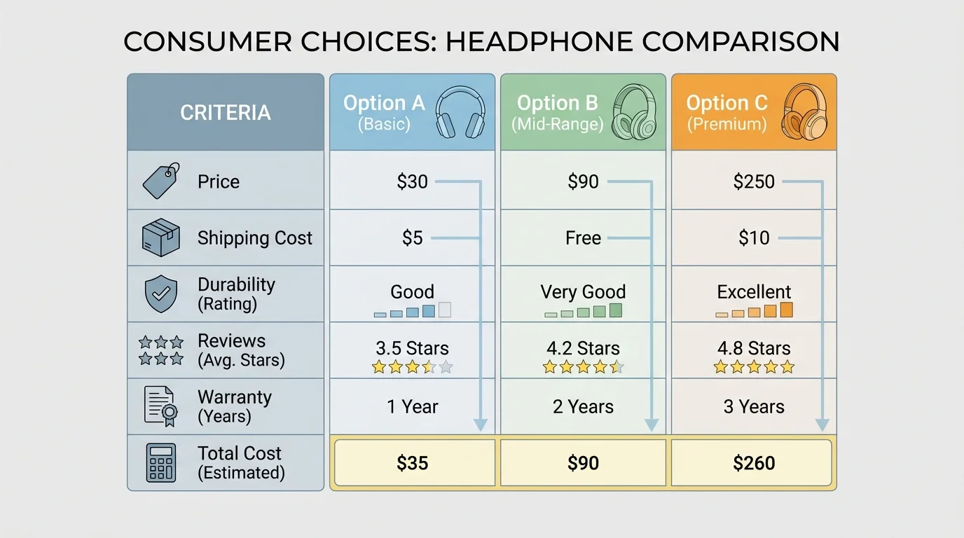 chart comparing three headphone options by price, shipping, durability, reviews, warranty, and total cost