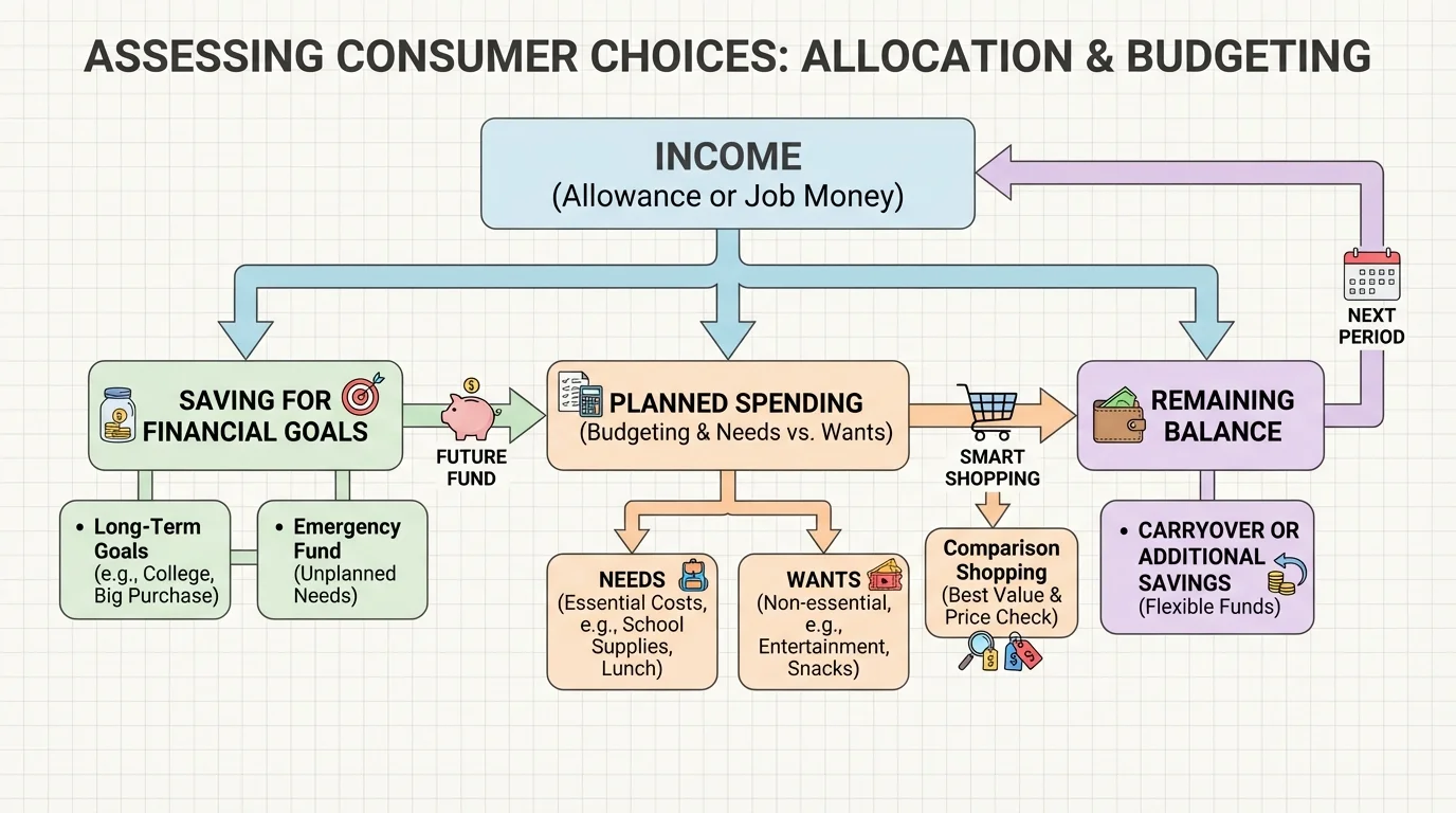 flowchart showing allowance or job money split into saving, planned spending, and remaining balance